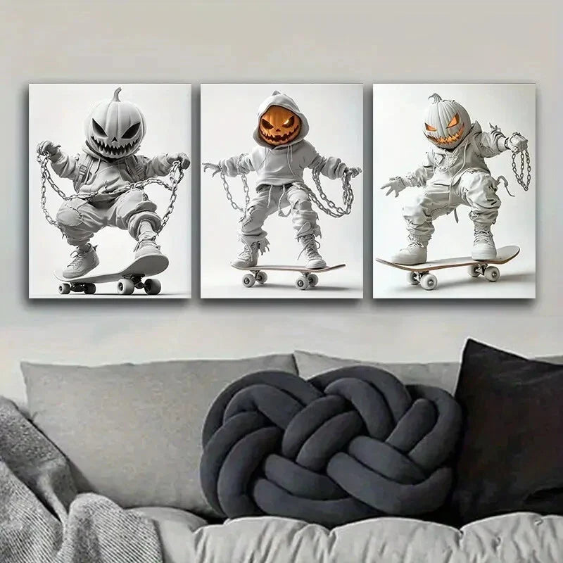 3pcs Featuring a Sinister Pumpkin Metal Print Ready to Hang Art