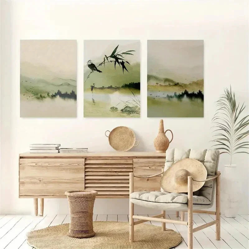 3pcs Green Mountain & Bamboo Forest Wall Art Set Canvas Framed 40x60cm - High Quality Print 100% Australian Made Wall Canvas Ready to Hang