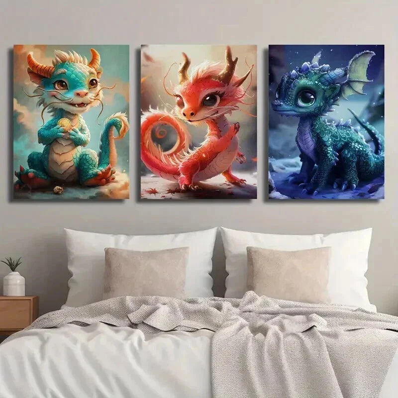3pcs Cute Little Oriental Fantasy Dragon Wall Art Set Canvas Framed 40x60cm - High Quality Print 100% Australian Made Wall Canvas Ready to Hang