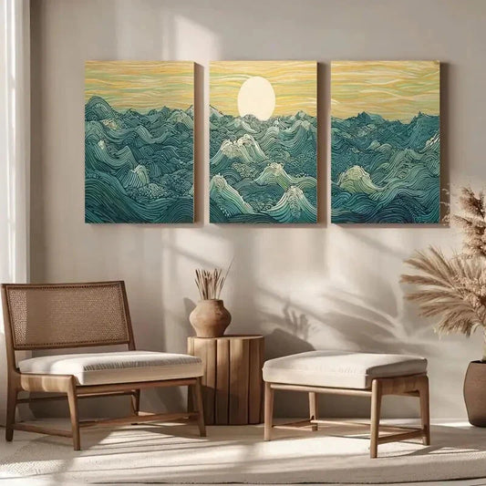 3pcs Moon & Ocean Waves Japanese Vibrant Metal Print Ready to Hang Art