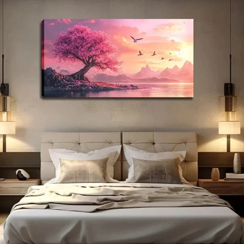 Vibrant Pink Cherry Blossom Wall Art Canvas Office Home Room Framed 120x60cm