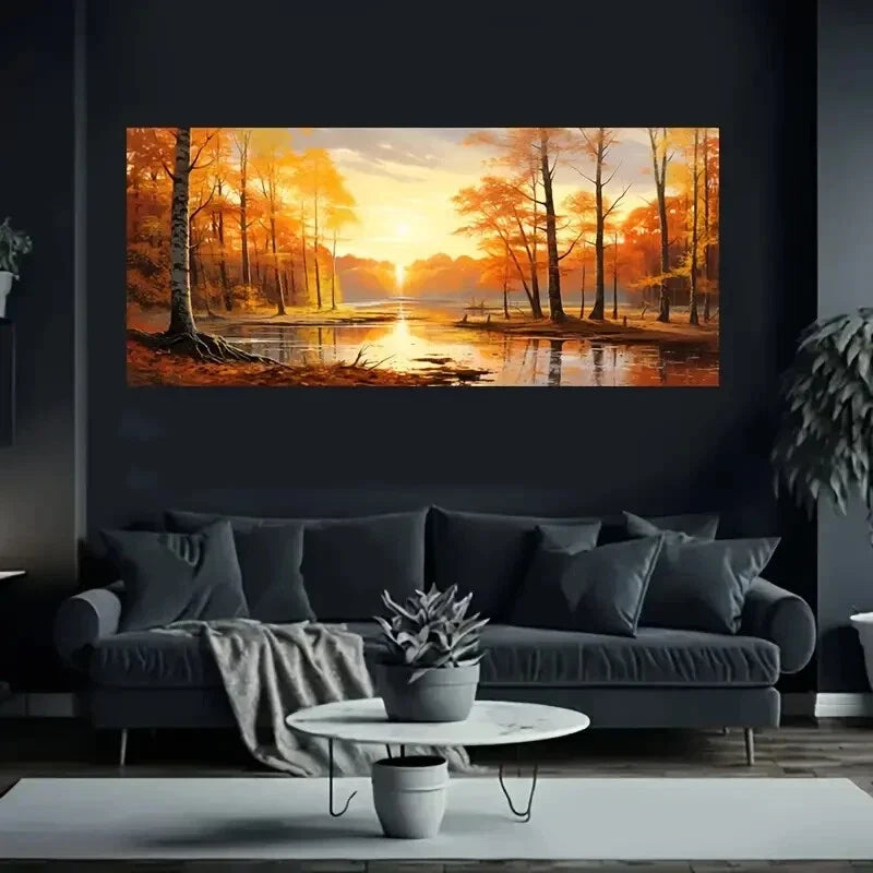 River Scene Trees & Sunset wall canvas office home room framed 120x60cm