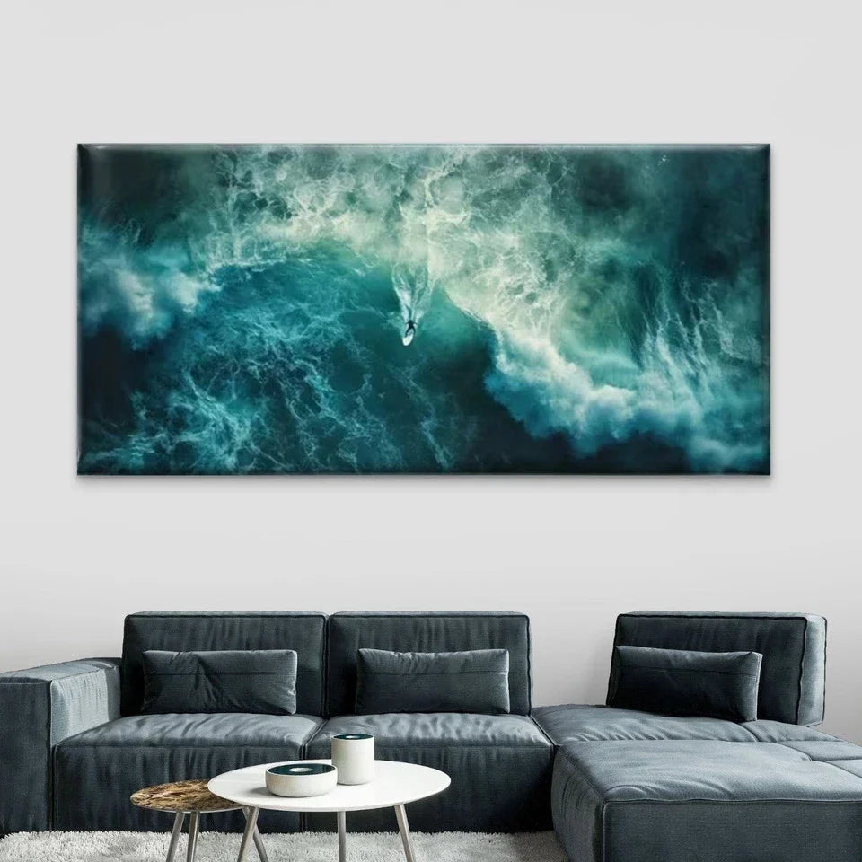 Ocean Waves with Dynamic Surfin Wall Art Canvas Office Home Room Framed 80x45cm