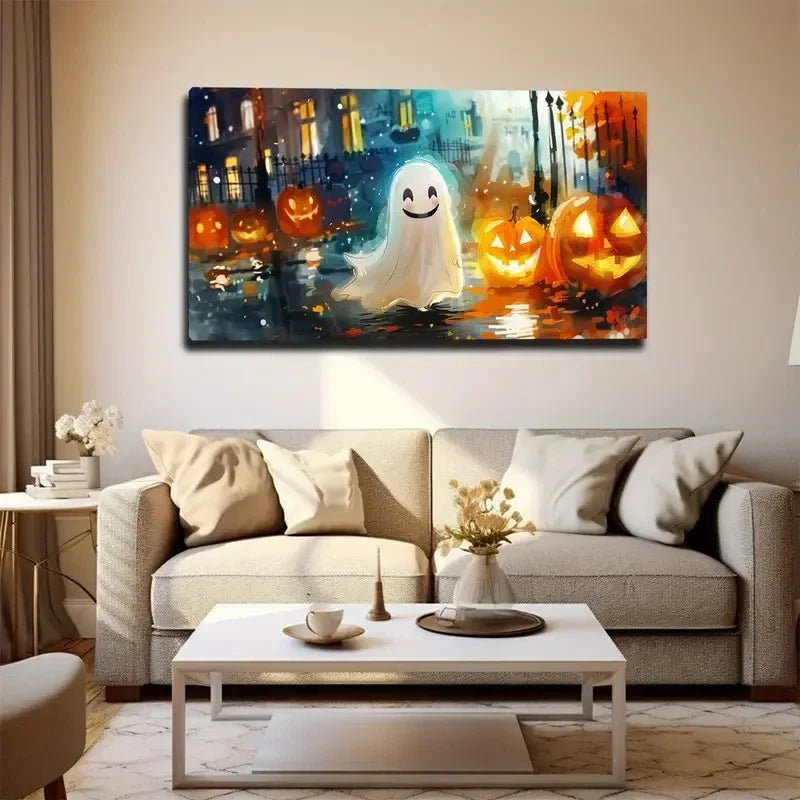 White Ghost And Glowing Pumpkin Wall Art Canvas Office Home Room Framed 80x45cm