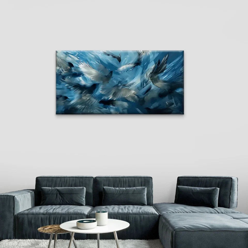 Blue & White Feathers Birds Wall Art Canvas Office Home Room Framed 80x45cm