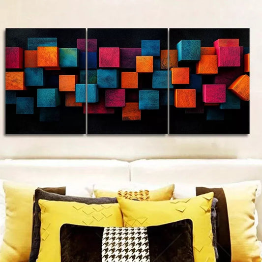 3pcs Art Deco Modern Colorful Cubes  Wall Art Set Canvas Framed 40x60cm - High Quality Print 100% Australian Made Wall Canvas Ready to Hang