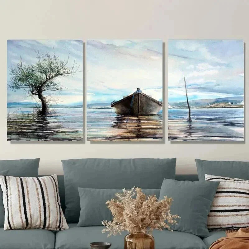 3pcs Serene Lake Scene Modern Classic Landscape Wall Art Set Canvas Framed 40x60cm - High Quality Print 100% Australian Made Wall Canvas Ready to Hang