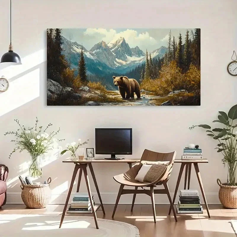 Bear In Forest Modern Deco Wall Art Canvas Office Home Room Framed 120x60cm