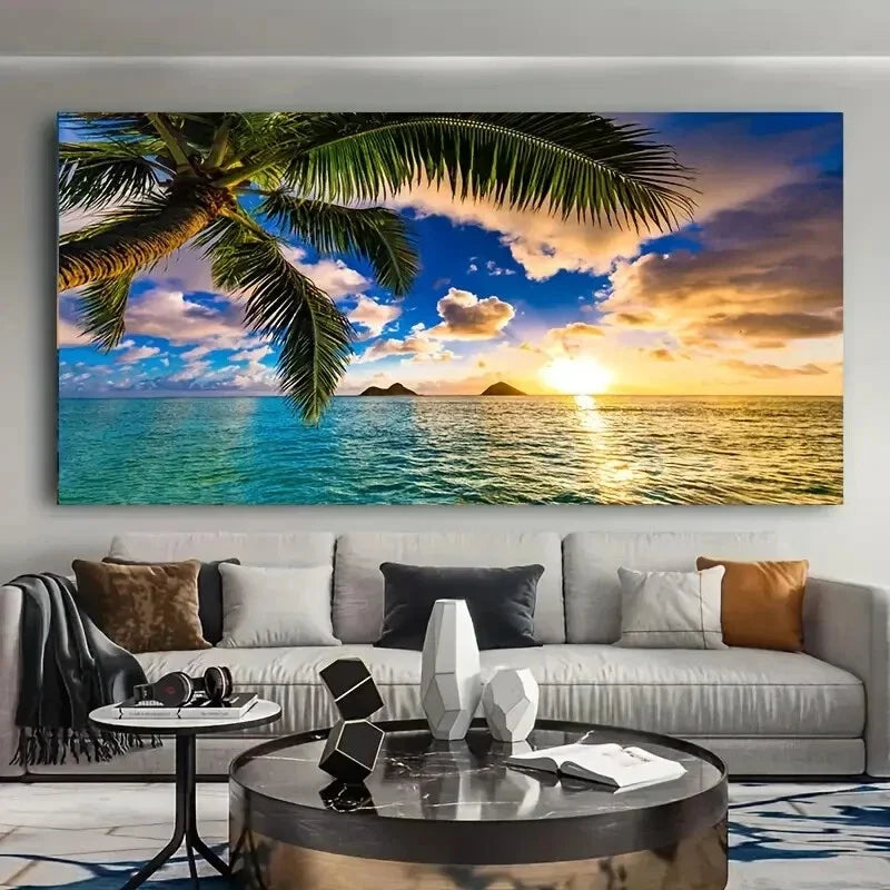 Sunset Beach Blue Sky wall canvas office home room framed 120x60cm