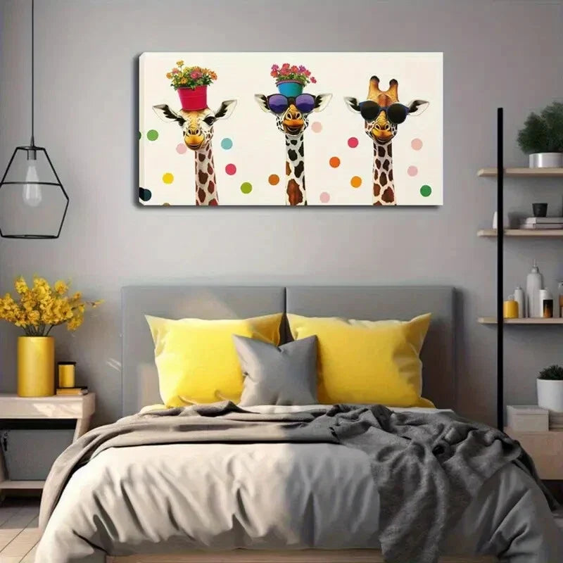 Whimsical Giraffe Trio Colorful Wall Art Canvas Office Home Room Framed 120x60cm