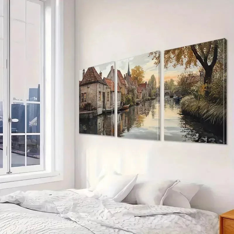 3pcs Aesthetic Peaceful Village In Autumn Wall Art Set Canvas Framed 40x60cm - High Quality Print 100% Australian Made Wall Canvas Ready to Hang