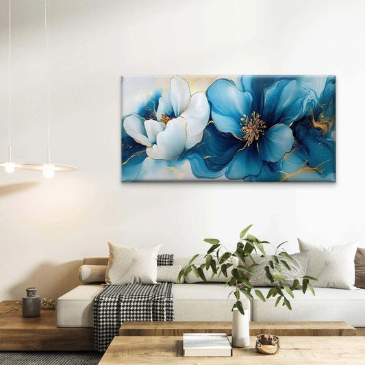 Abstract Blue And White Floral Wall Art Canvas Office Home Room Framed 80x45cm