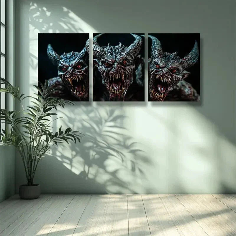 3pcs Sharp-toothed Devil Art Painting Metal Print Ready to Hang Art