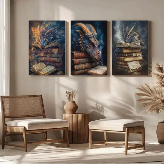 3pcs Fantasy Dragon Creature Reading Nook Metal Print Ready to Hang Art
