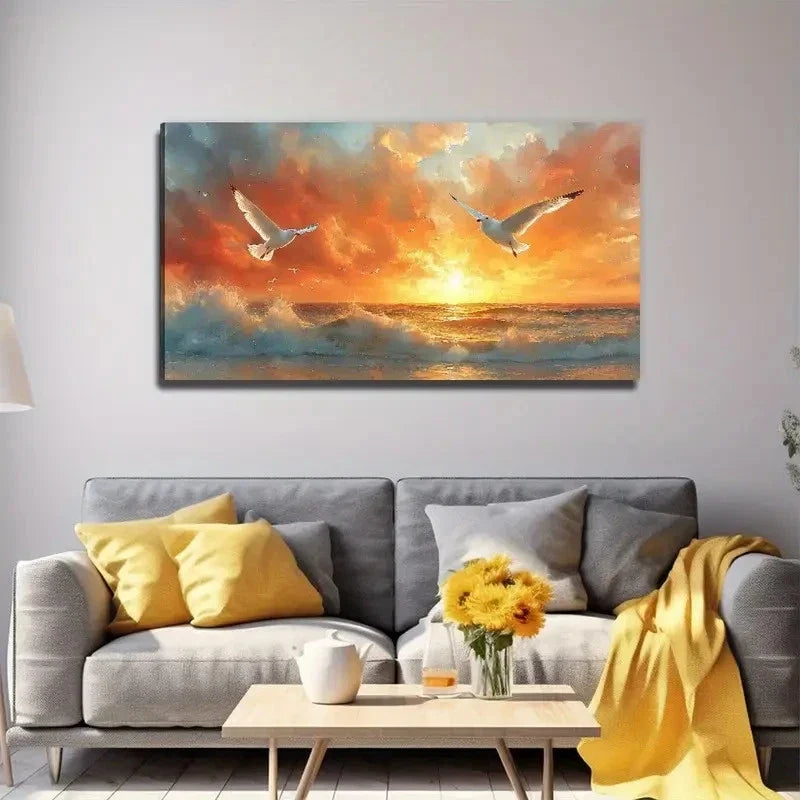 Seagulls Sunset Ocean Waves Wall Art Canvas Office Home Room Framed 120x60cm