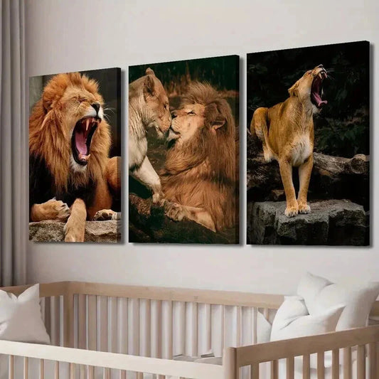 3pcs Lion Mother & Calf Lion Roar Wall Art Set Canvas Framed 40x60cm - High Quality Print 100% Australian Made Wall Canvas Ready to Hang