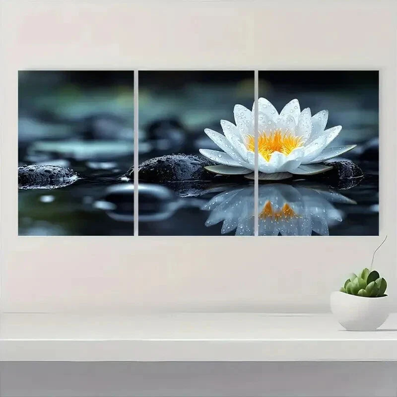 3pcs Black Stones & White for Lotus Metal Print Ready to Hang Art