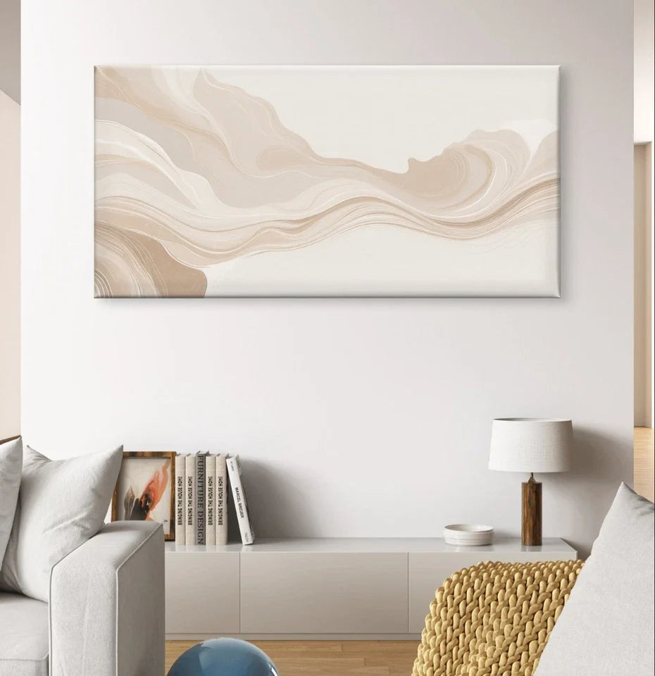 Neutral Beige Abstract Fluid Wave Wall Art Canvas Office Home Framed 80x45cm