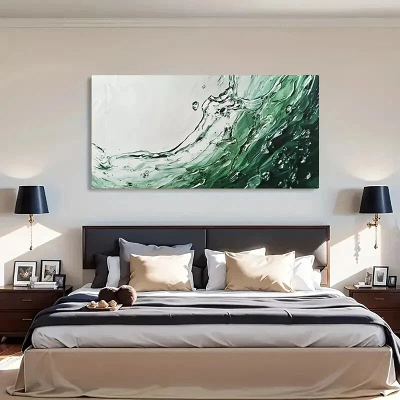 Fluid Motion Green Tones Waves Wall Art Canvas Office Home Room Framed 120x60cm