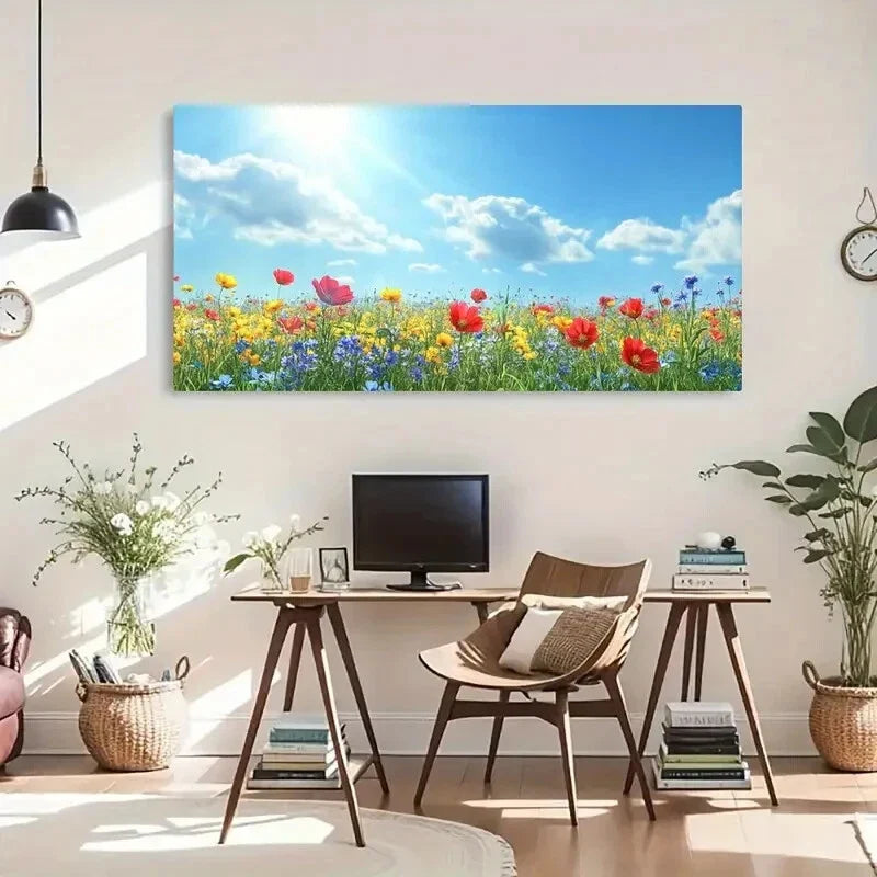 Wildflowers Mountain Bright Wall Art Canvas Office Home Room Framed 120x60cm