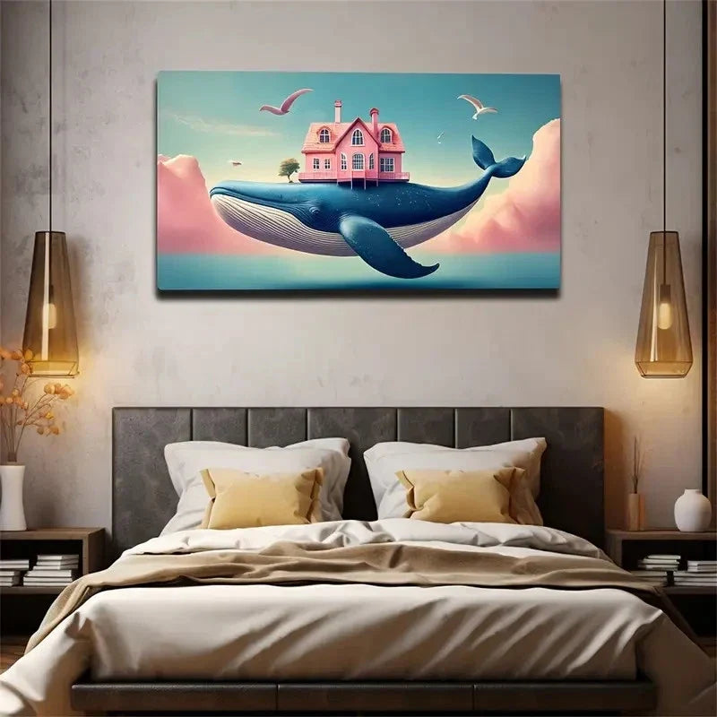 Pink House And A Big Blue Whale Wall Art Canvas Office Home Room Framed 80x45cm