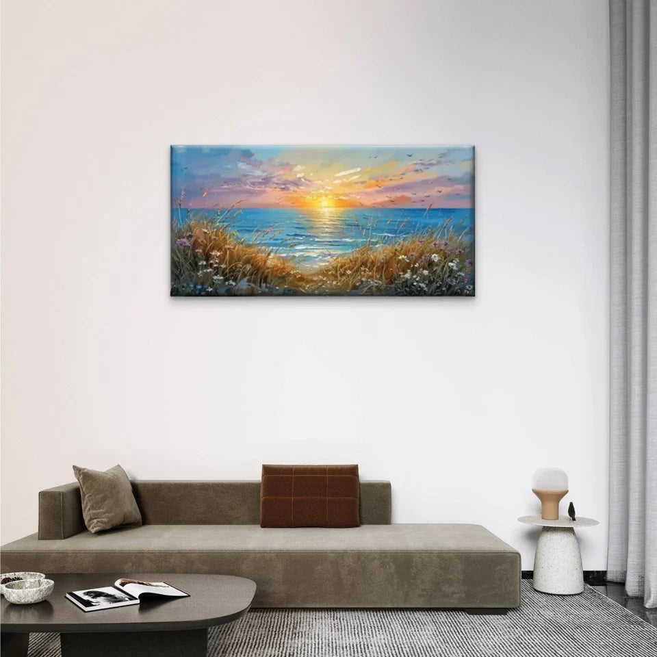 Ocean Sunset Flowers Field Wall Art Canvas Office Home Room Framed 80x45cm