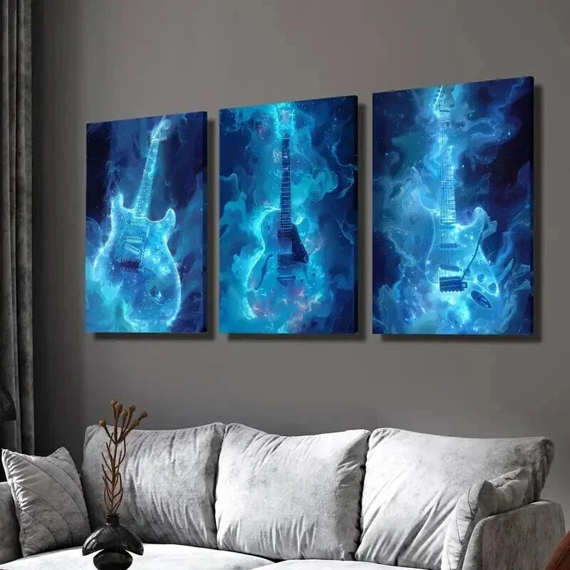 3pcs Guitars with Blue Flames Decoration Wall Art Set Canvas Framed 40x60cm - High Quality Print 100% Australian Made Wall Canvas Ready to Hang