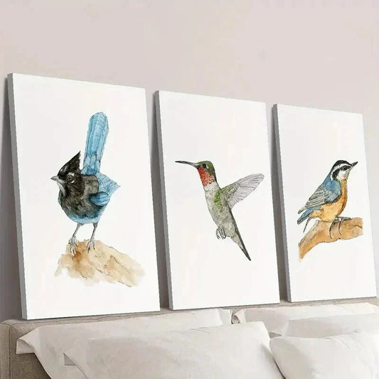 3pcs Blue & Black Bird Illustrations Wall Art Set Canvas Framed 40x60cm - High Quality Print 100% Australian Made Wall Canvas Ready to Hang