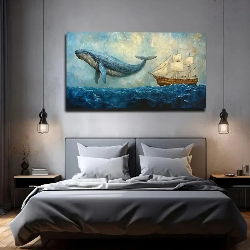Whale And Sailing Ship Deco Wall Art Canvas Office Home Room Framed 120x60cm