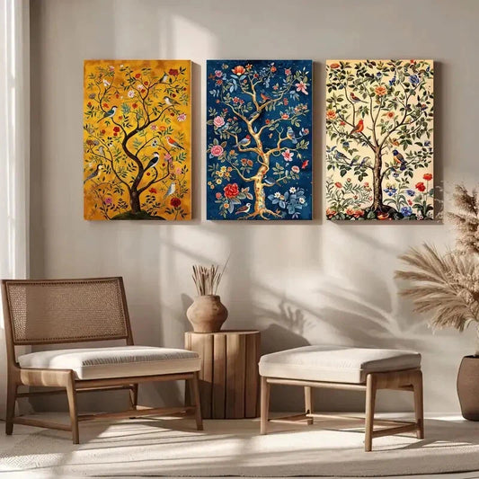 3pcs Vibrant Tree of Life Colorful Birds Metal Print Ready to Hang Art