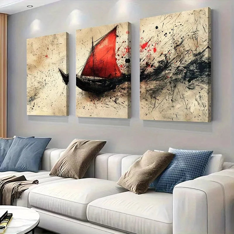 3pcs Abstract Red Sails Ship on Rough Seas Wall Art Set Canvas Framed 40x60cm - High Quality Print 100% Australian Made Wall Canvas Ready to Hang