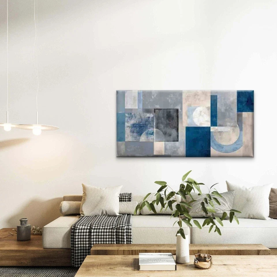 Blue Grey Retro , Abstract Wall Art Canvas Office Home Room Framed 120x60cm