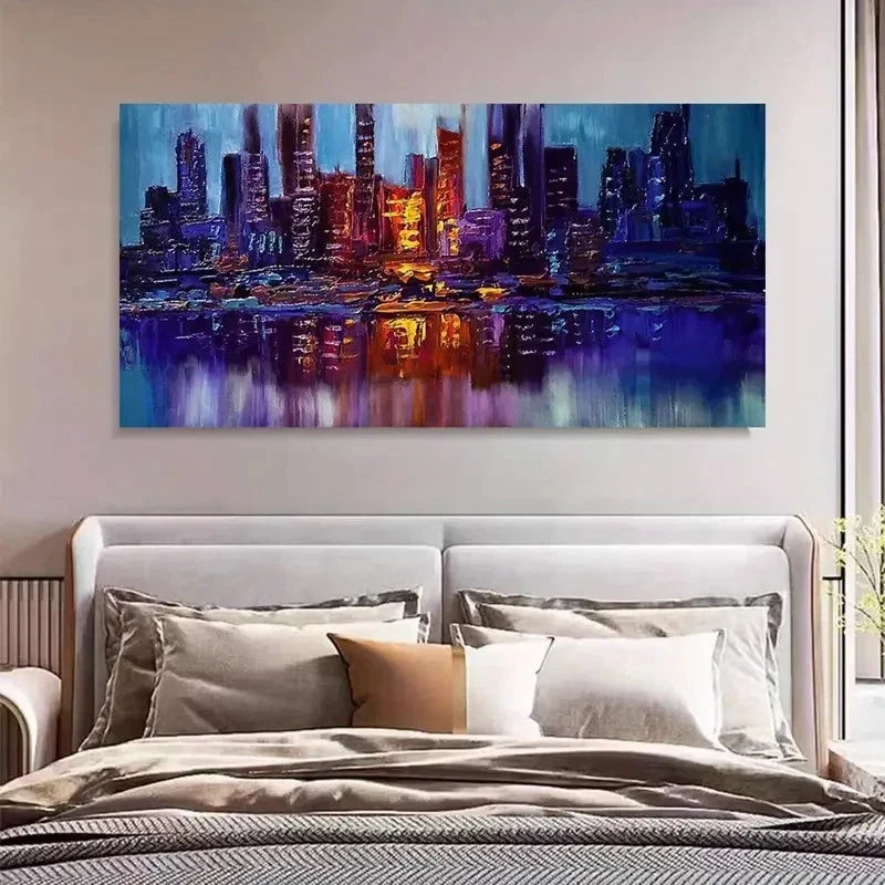 Vibrant Cityscape Night View Wall Art Canvas Office Home Room Framed 80x45cm