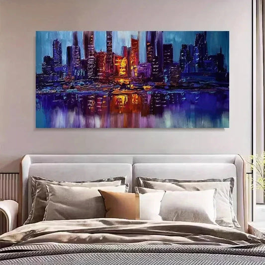 Vibrant Cityscape Night View Wall Art Canvas Office Home Room Framed 80x45cm