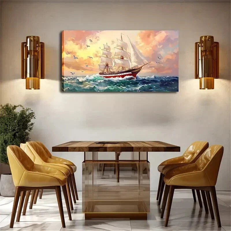 Pink Sky A Sailboat Sailing Sea Wall Art Canvas Office Home Room Framed 120x60cm