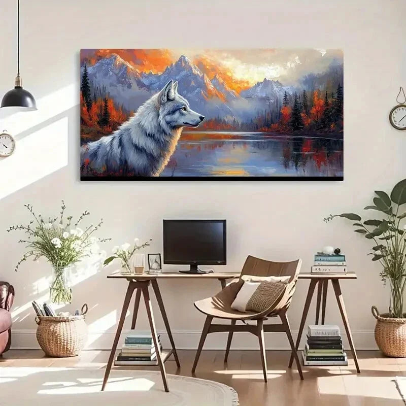 Wolf Portrait & Mountain Lands Wall Art Canvas Office Home Room Framed 80x45cm