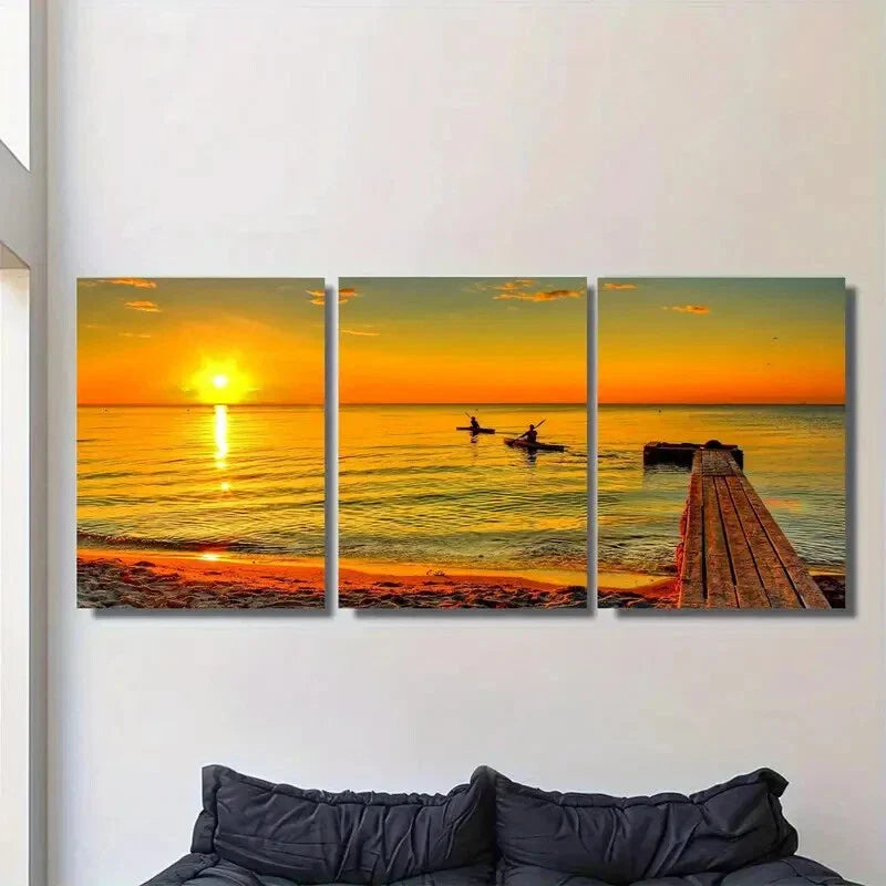 3pcs Vibrant Ocean View with Fishing Boats Metal Print Ready to Hang Art