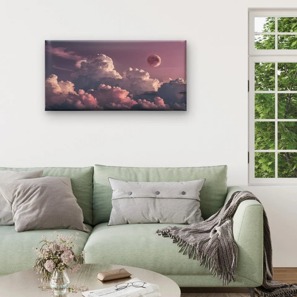 Pink Moon Over Dreamy Purple Sky Wall Art Canvas Office Home Framed 120x60cm
