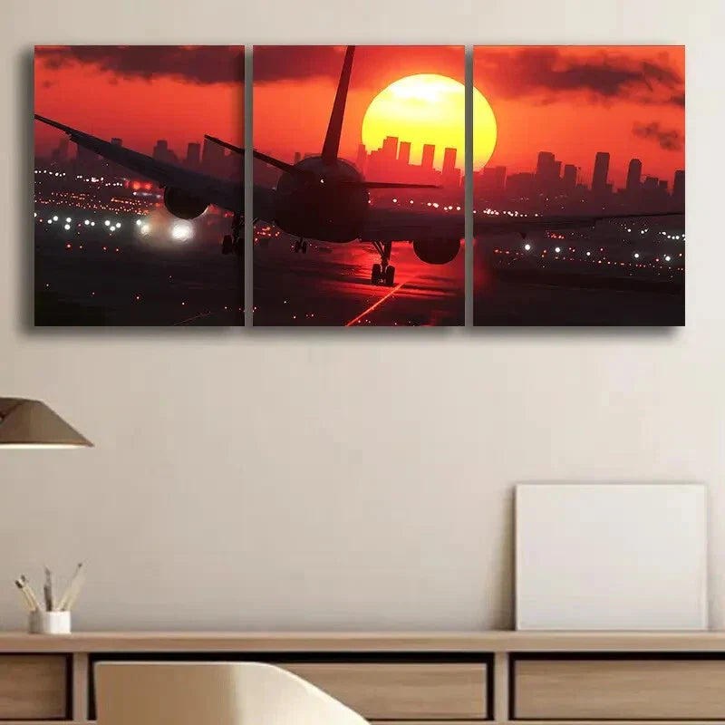 3pcs Sunset Airplane Shine Dark Décor Perfect Wall Art Set Canvas Framed 40x60cm - High Quality Print 100% Australian Made Wall Canvas Ready to Hang