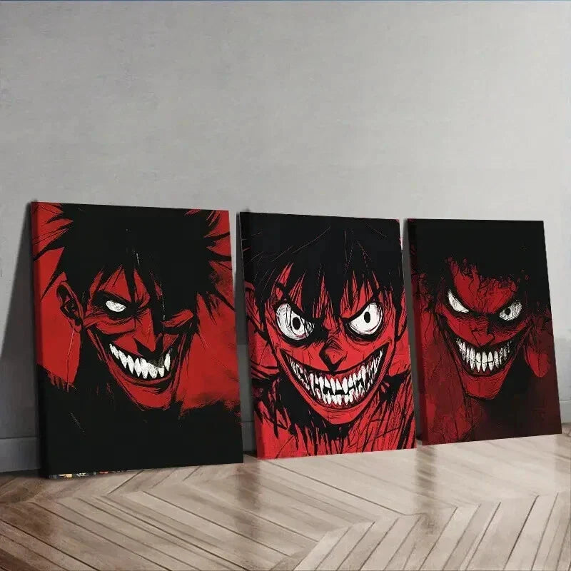3pcs Red Faced Monster Fear Darkness Perfect Wall Art Set Canvas Framed 40x60cm - High Quality Print 100% Australian Made Wall Canvas Ready to Hang