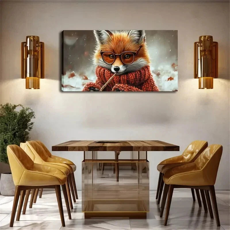 A Fox Wearing Glasses Scarf Wall Art Canvas Office Home Room Framed 80x45cm