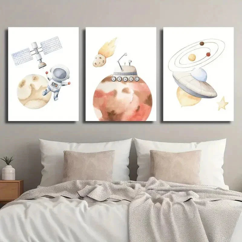 3pcs Astronaut & Planets Decor Wall Art Set Canvas Framed 40x60cm - High Quality Print 100% Australian Made Wall Canvas Ready to Hang
