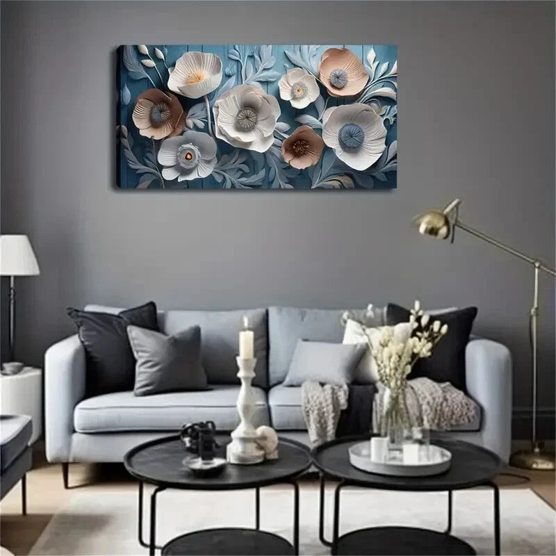 Harmonious Flower Tones In Blue Wall Art Canvas Office Home Room Framed 120x60cm