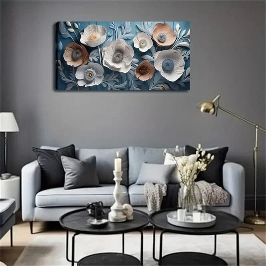 Harmonious Flower Tones In Blue Wall Art Canvas Office Home Room Framed 120x60cm