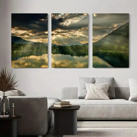 3pcs Mountain Lake Sunset Sunlight Breaking Metal Print Ready to Hang Art