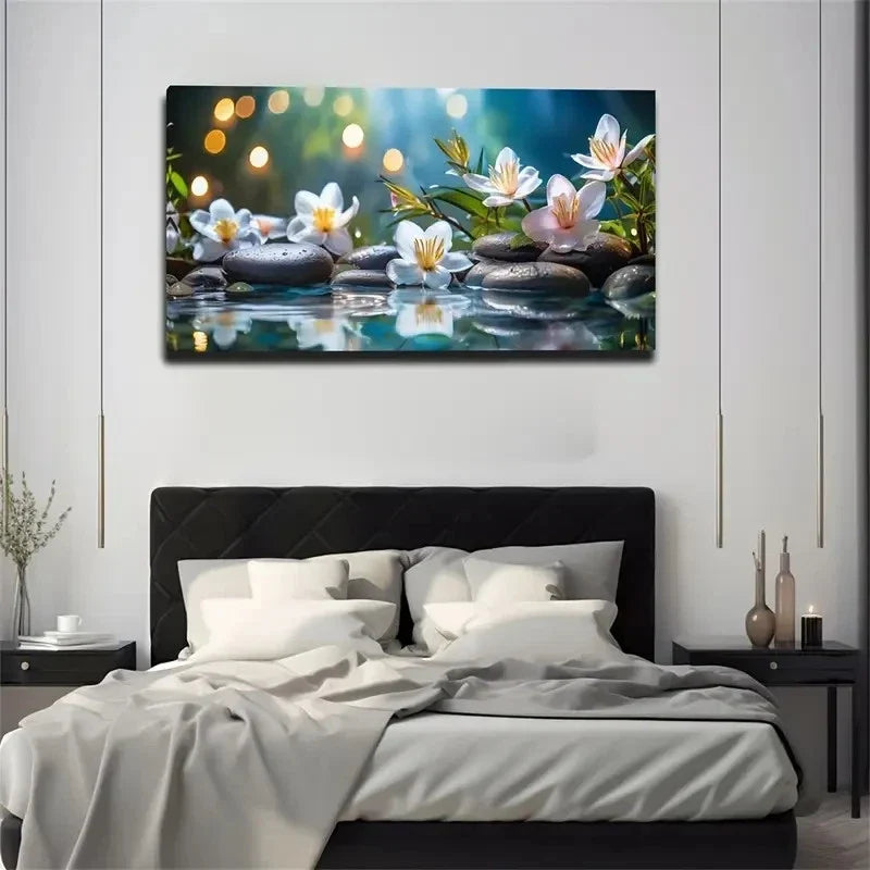 White Flowers On Black Stone Ab Wall Art Canvas Office Home Room Framed 80x45cm
