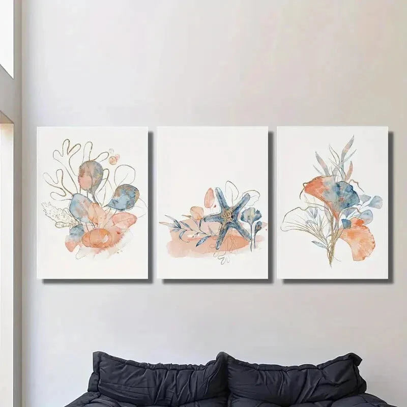 3pcs Abstract Seashell Coral Seaweed Wall Art Set Canvas Framed 40x60cm - High Quality Print 100% Australian Made Wall Canvas Ready to Hang