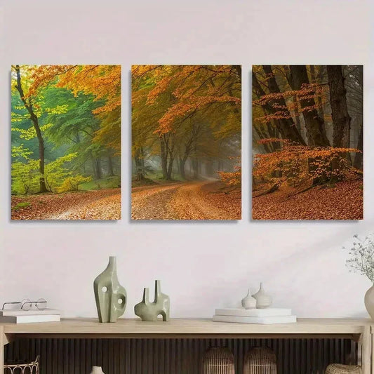 3pcs Autumn Forest Path Leaves and Tranquil Metal Print Ready to Hang Art