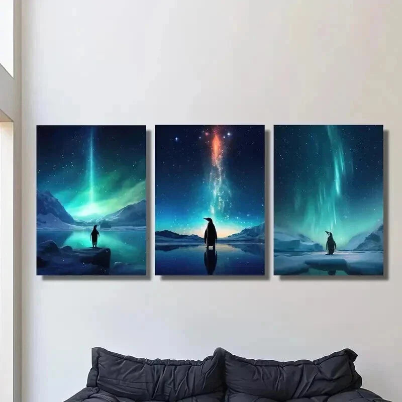 3pcs Penguins Under the Northern Lights Wall Art Set Canvas Framed 40x60cm - High Quality Print 100% Australian Made Wall Canvas Ready to Hang