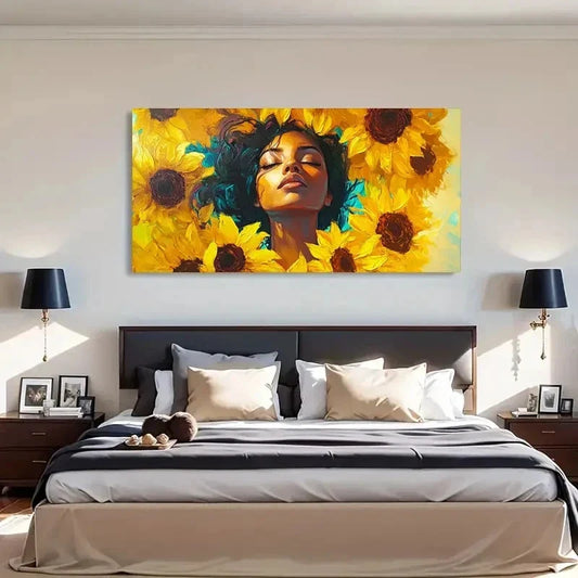 Vibrant Sunflower Woman Deco Wall Art Canvas Office Home Room Framed 120x60cm